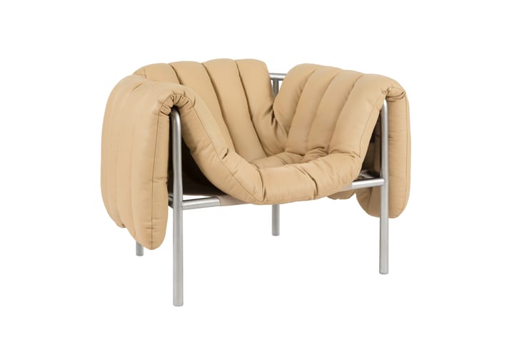 Cadeira lounge Puffy, Sand leather-aço inoxidável Hem