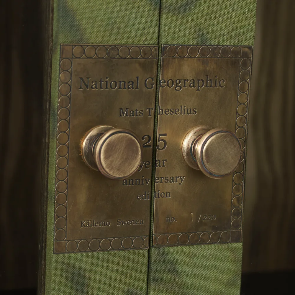 National Geographic estante de livros de 25 anos, Verde/latão-têxtil-linho-2gavetas Källemo