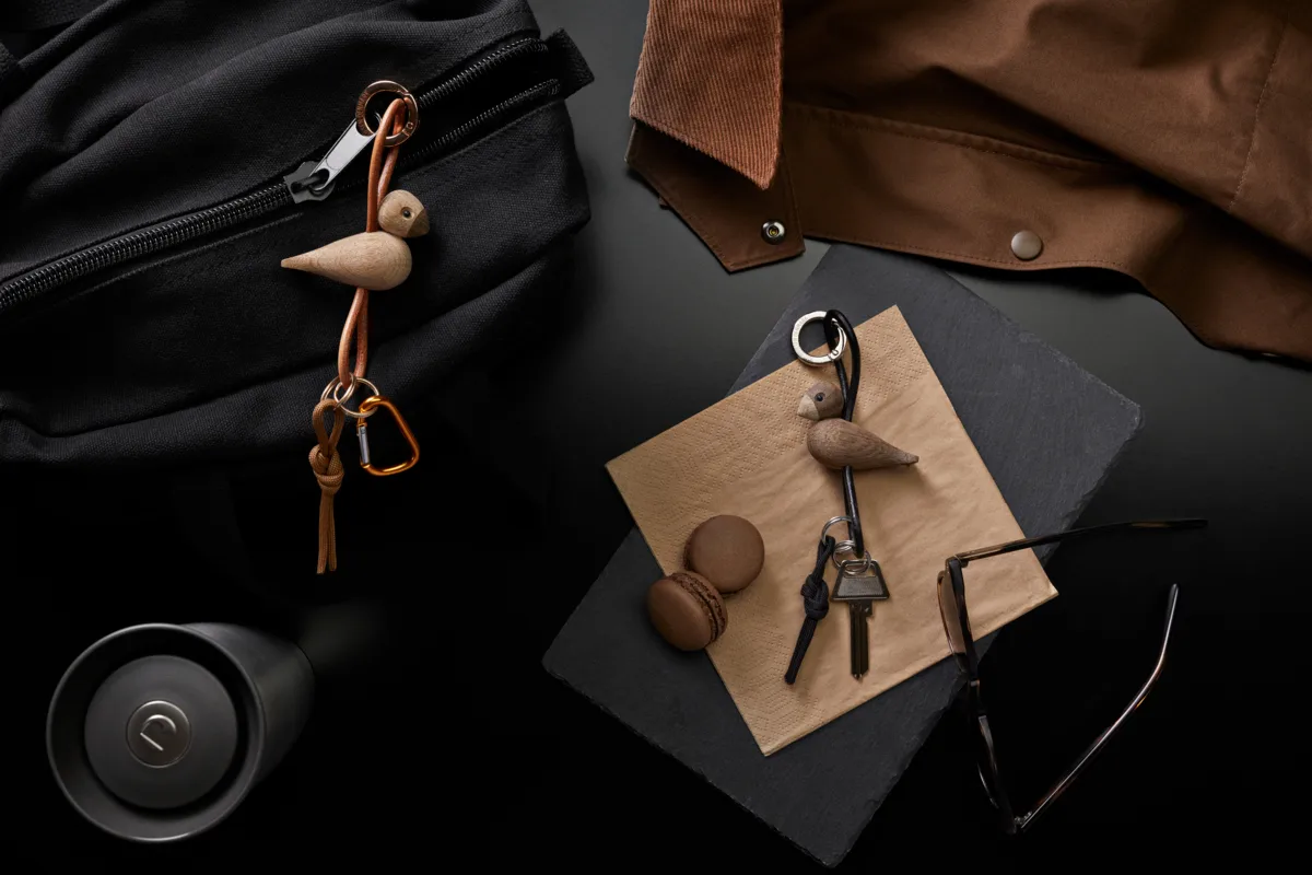 Chaveiro de pássaro Kaj Bojesen, Carvalho, couro natural Kay Bojesen Denmark