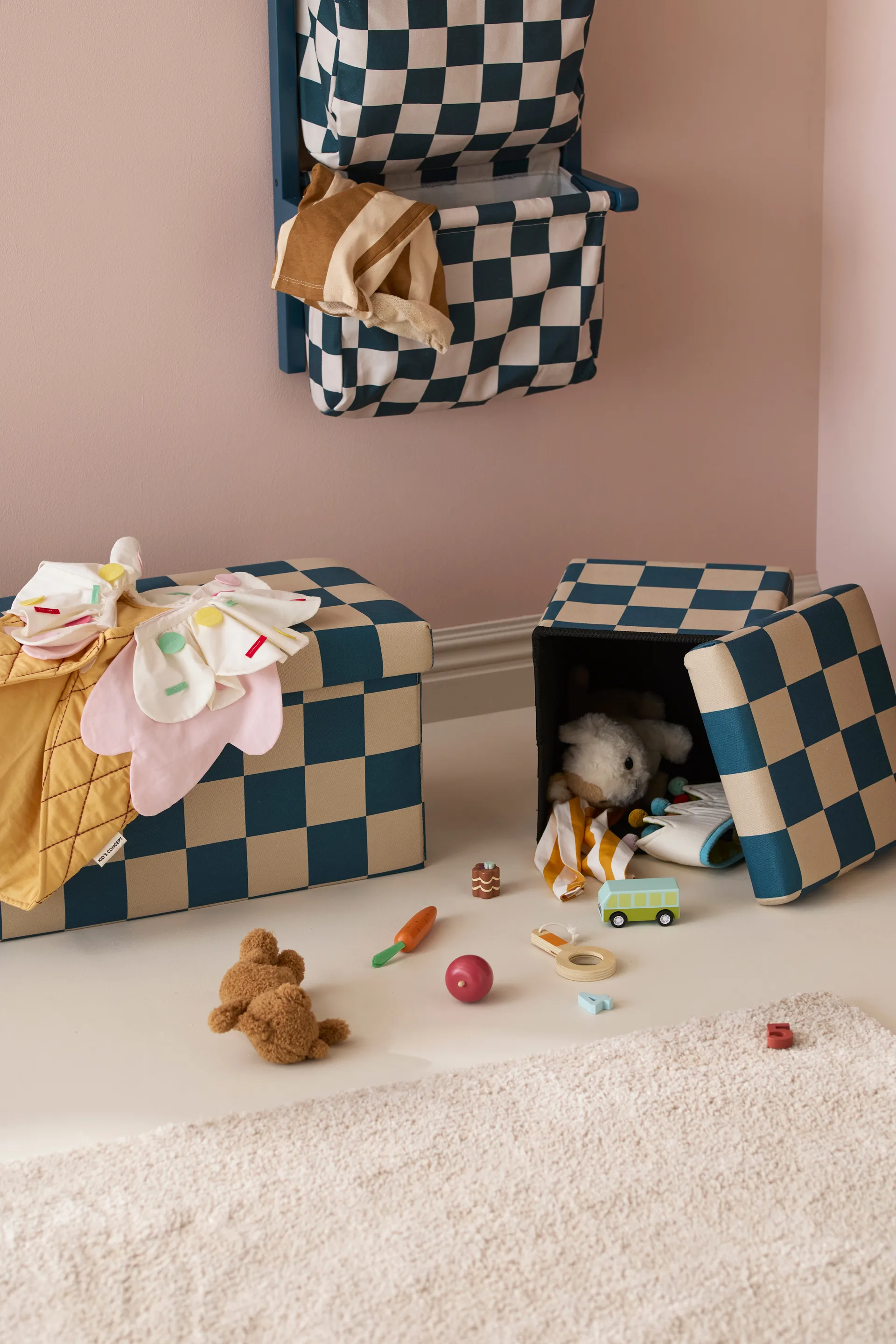 Pufe com arrumação quadriculada, Azul‑verde, 80x30x30 cm Kid's Concept