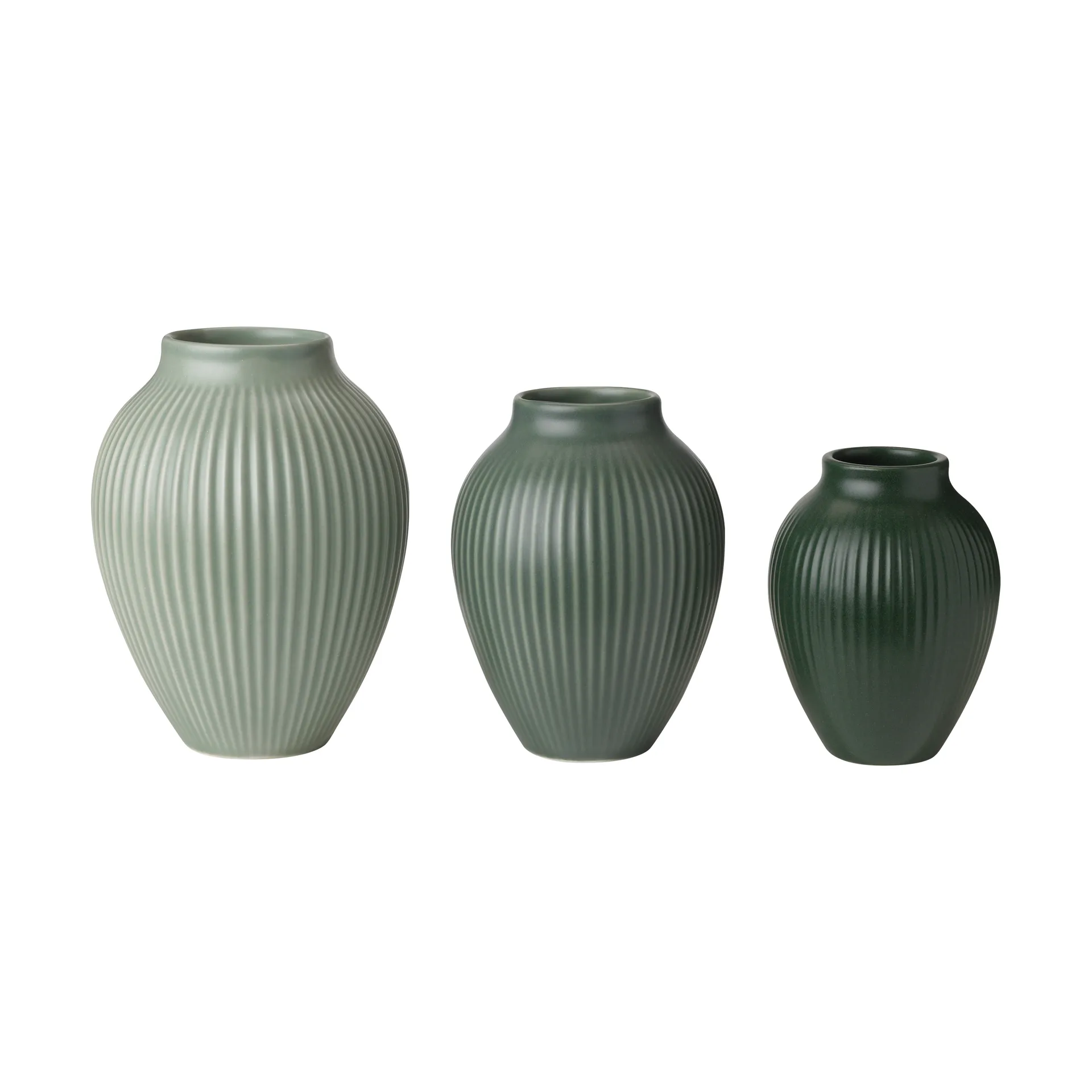 Mini vaso Knabstrup Ripple mate, 3 peças, Verde névoa – verde celadon – verde escuro Knabstrup Keramik