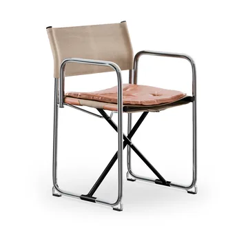 X75-2 cadeira com braços - Tecido de linho natural-Elmo Nordic couro Cognac-pernas cromadas - Lammhults