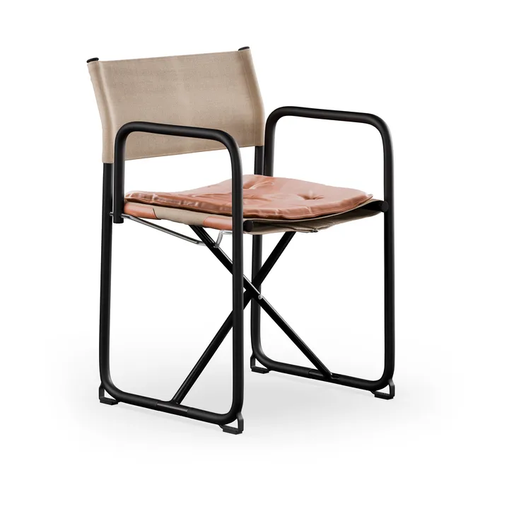 X75-2 cadeira com braços - Tecido de linho natural-Elmo Nordic couro Cognac-pernas pretas - Lammhults