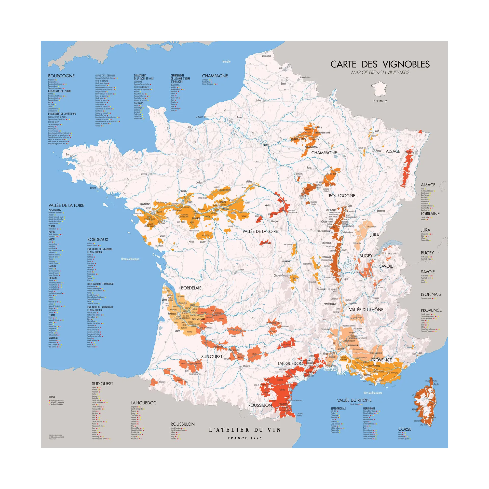L'Atelier mapa de vinhos da França, 57x57 cm L'Atelier du Vin