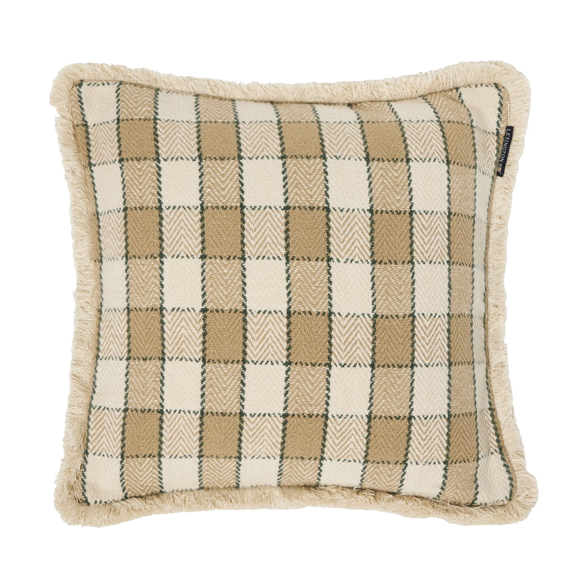 Capa de almofada em algodão orgânico aos quadrados com franjas, Bege-light beige-verde Lexington