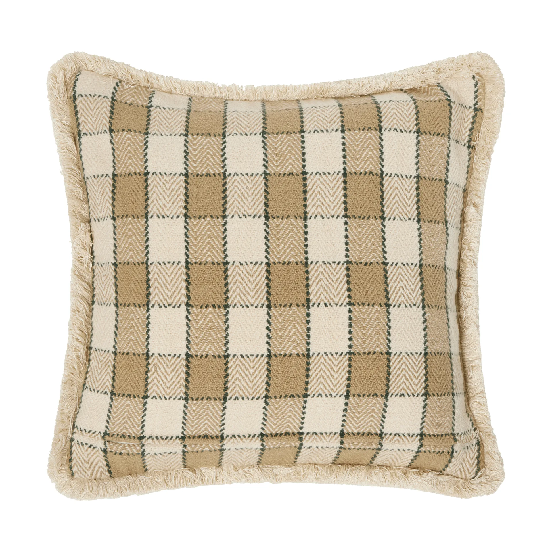 Capa de almofada em algodão orgânico aos quadrados com franjas, Bege-light beige-verde Lexington