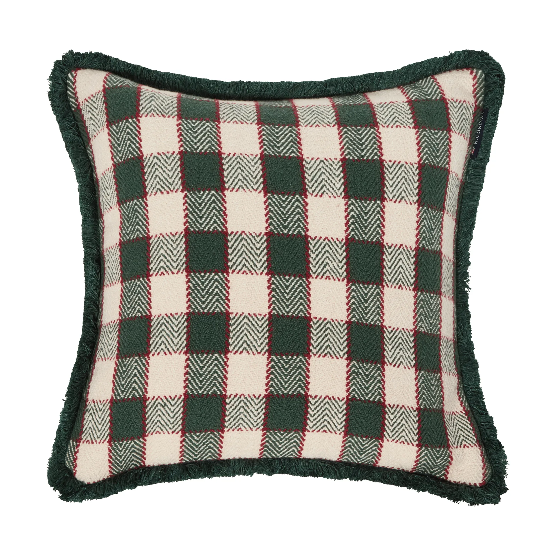 Capa de almofada em algodão orgânico aos quadrados com franjas, Green-light beige-red Lexington