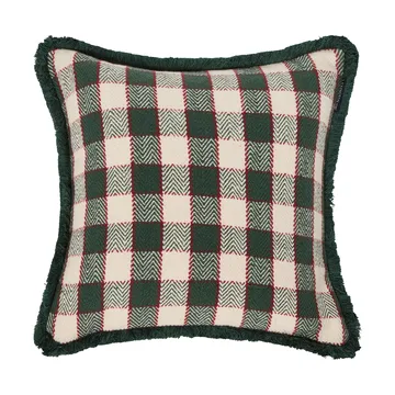 Capa de almofada em algodão orgânico aos quadrados com franjas - Green-light beige-red - Lexington