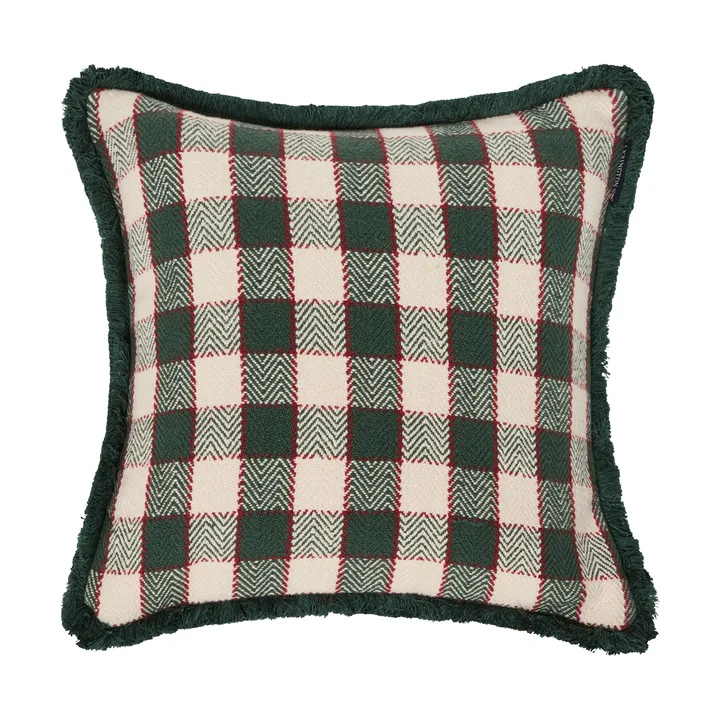 Capa de almofada em algodão orgânico aos quadrados com franjas - Green-light beige-red - Lexington