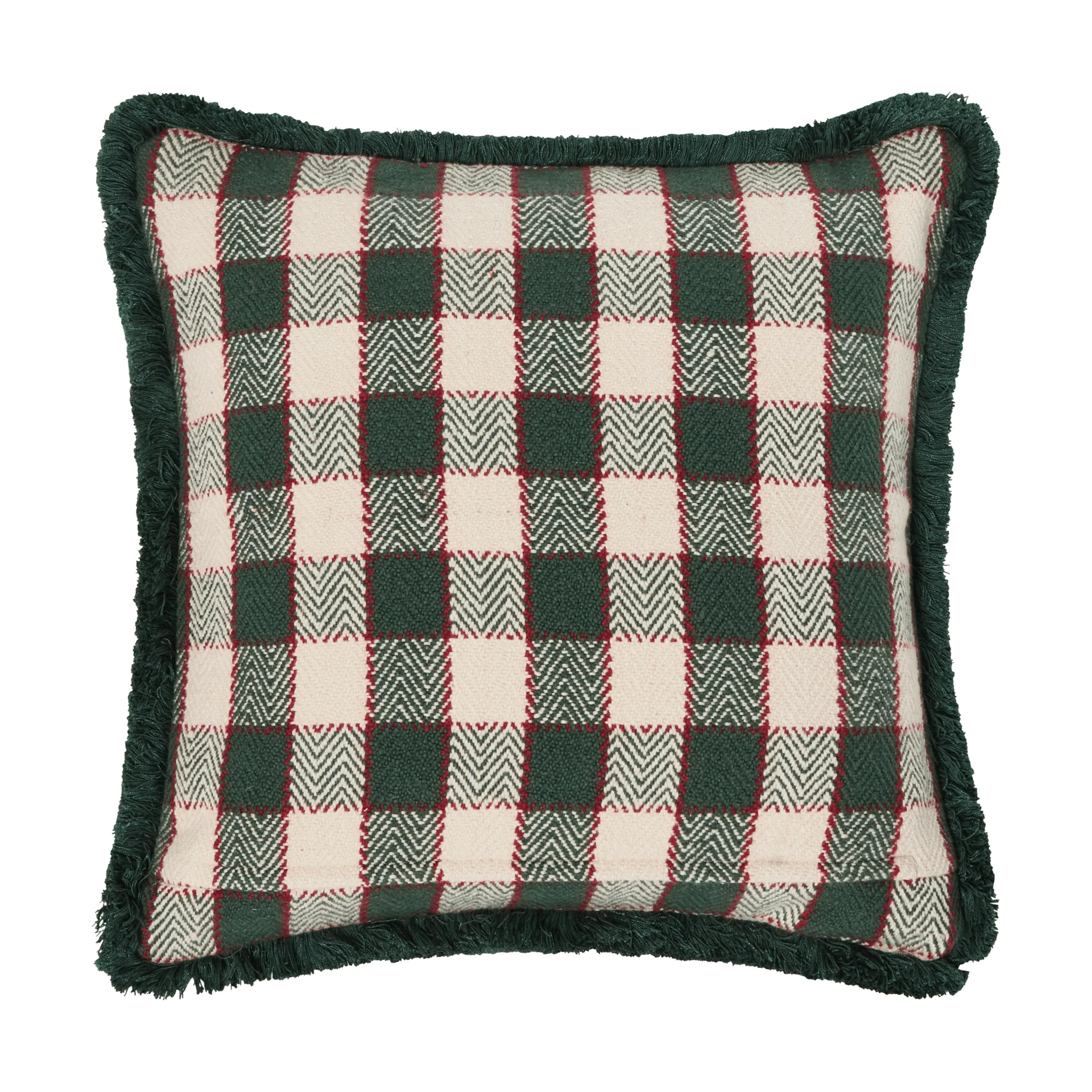 Capa de almofada em algodão orgânico aos quadrados com franjas, Green-light beige-red Lexington