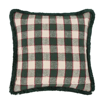 Capa de almofada em algodão orgânico aos quadrados com franjas - Green-light beige-red - Lexington