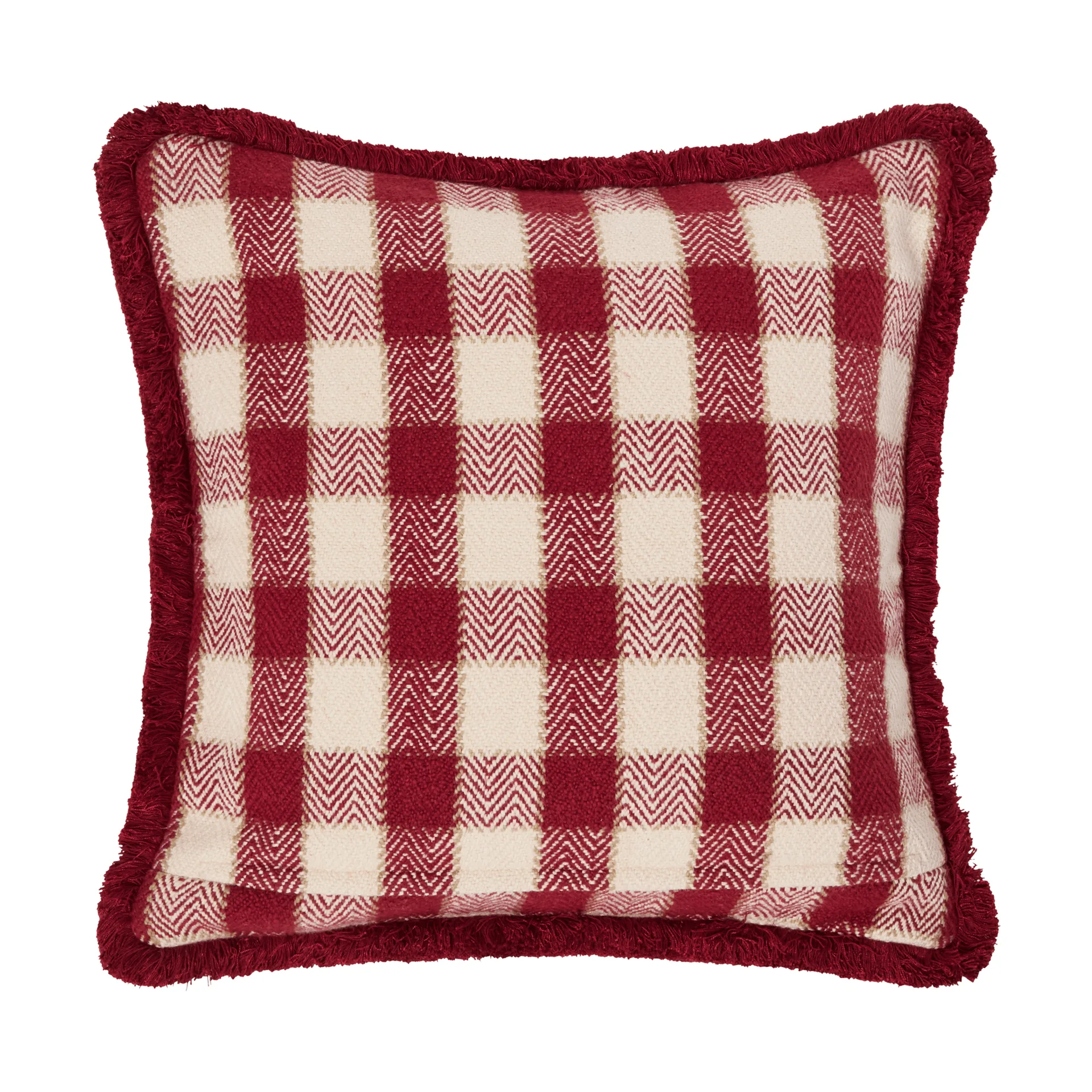 Capa de almofada em algodão orgânico aos quadrados com franjas, Red-claro bege-bege Lexington