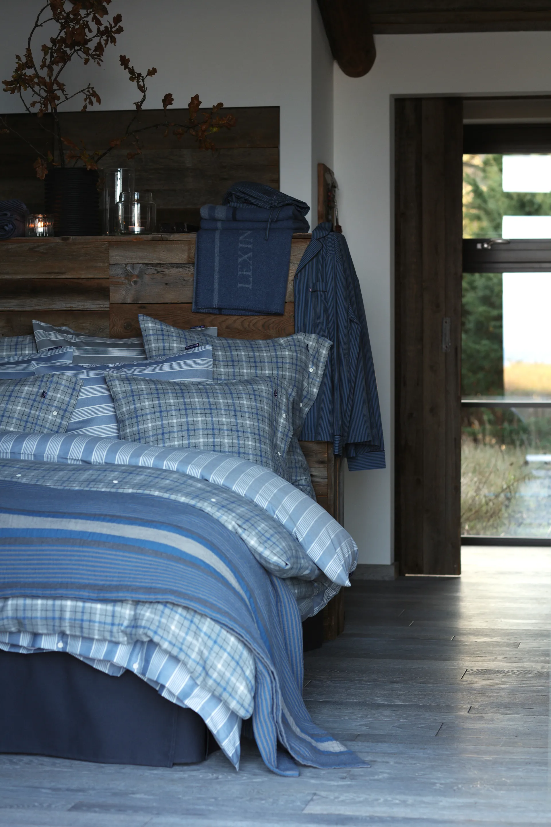 Capa de edredão Checked algodão flanela 150x210 cm, Cinza-azul Lexington