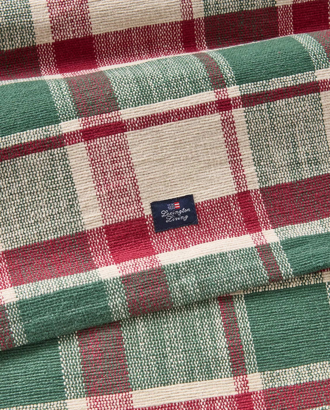 Checked ekologisk caminho de mesa em algodão, Verde-vermelho-bege, 50x150 cm Lexington