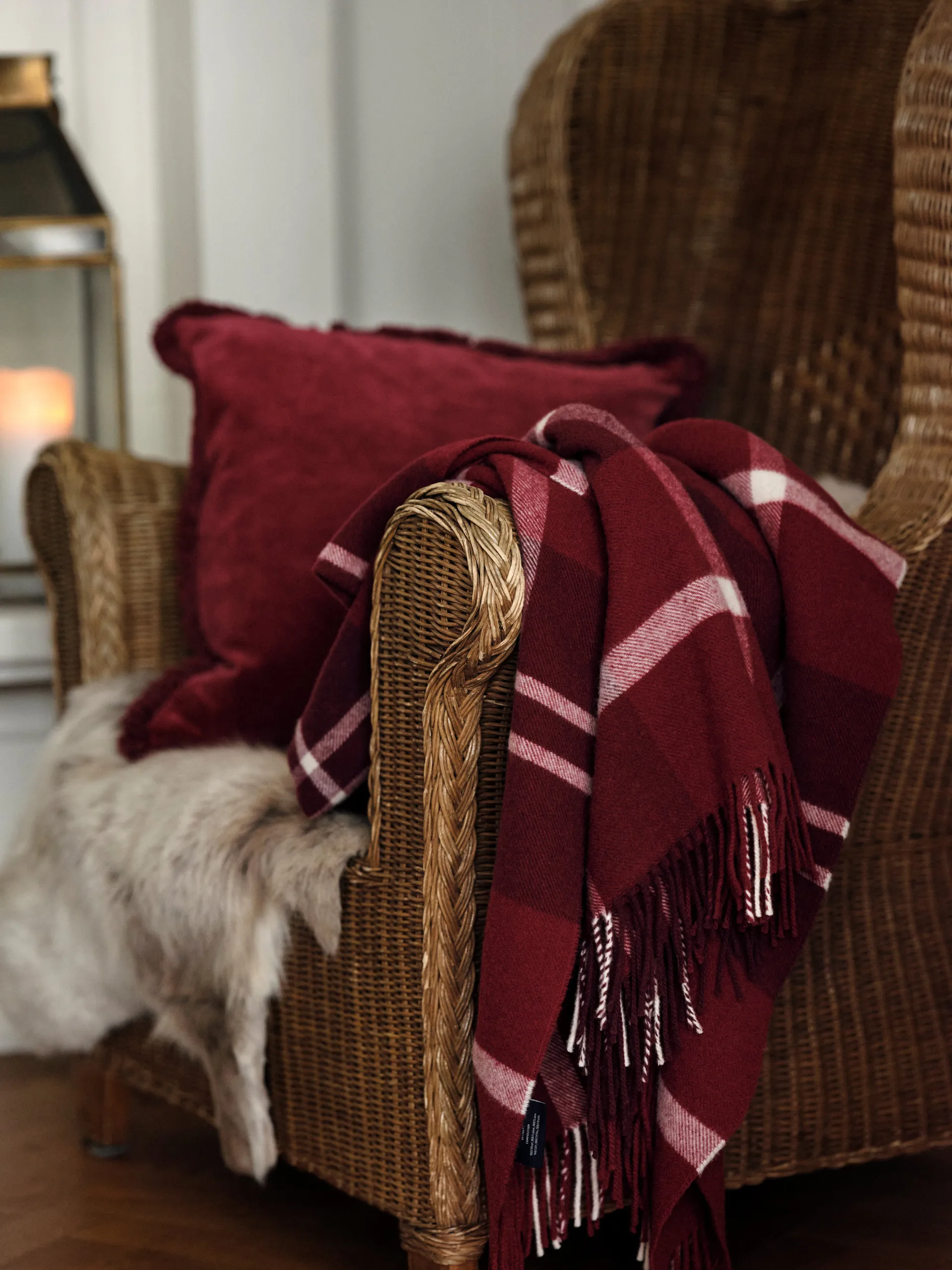 Checked Manta lã reciclada xadrez 130x170 cm, Vermelho-branco Lexington