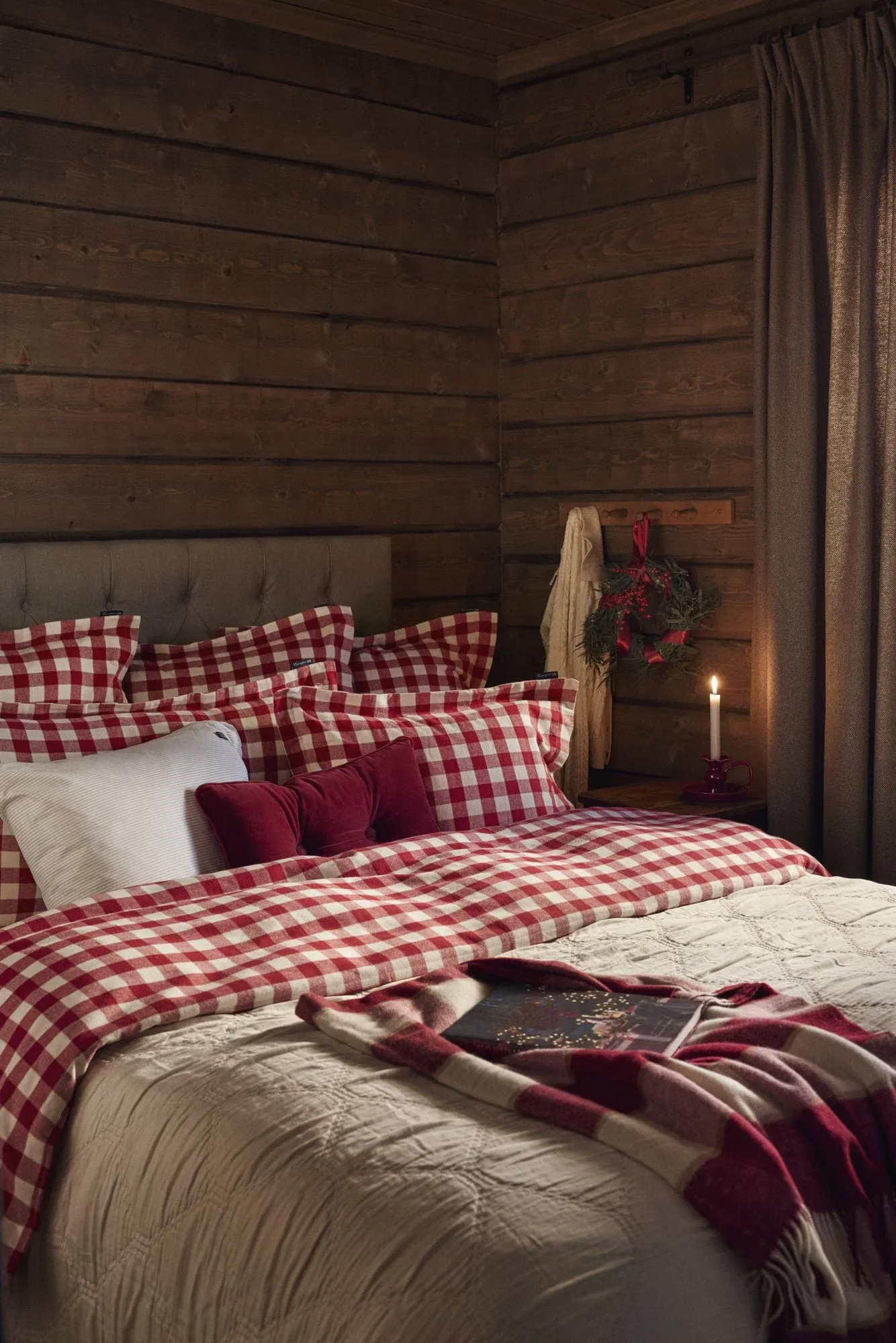 Conjunto de cama de flanela em algodão xadrez, Red-claro bege, 50x60 cm/150x210 cm Lexington