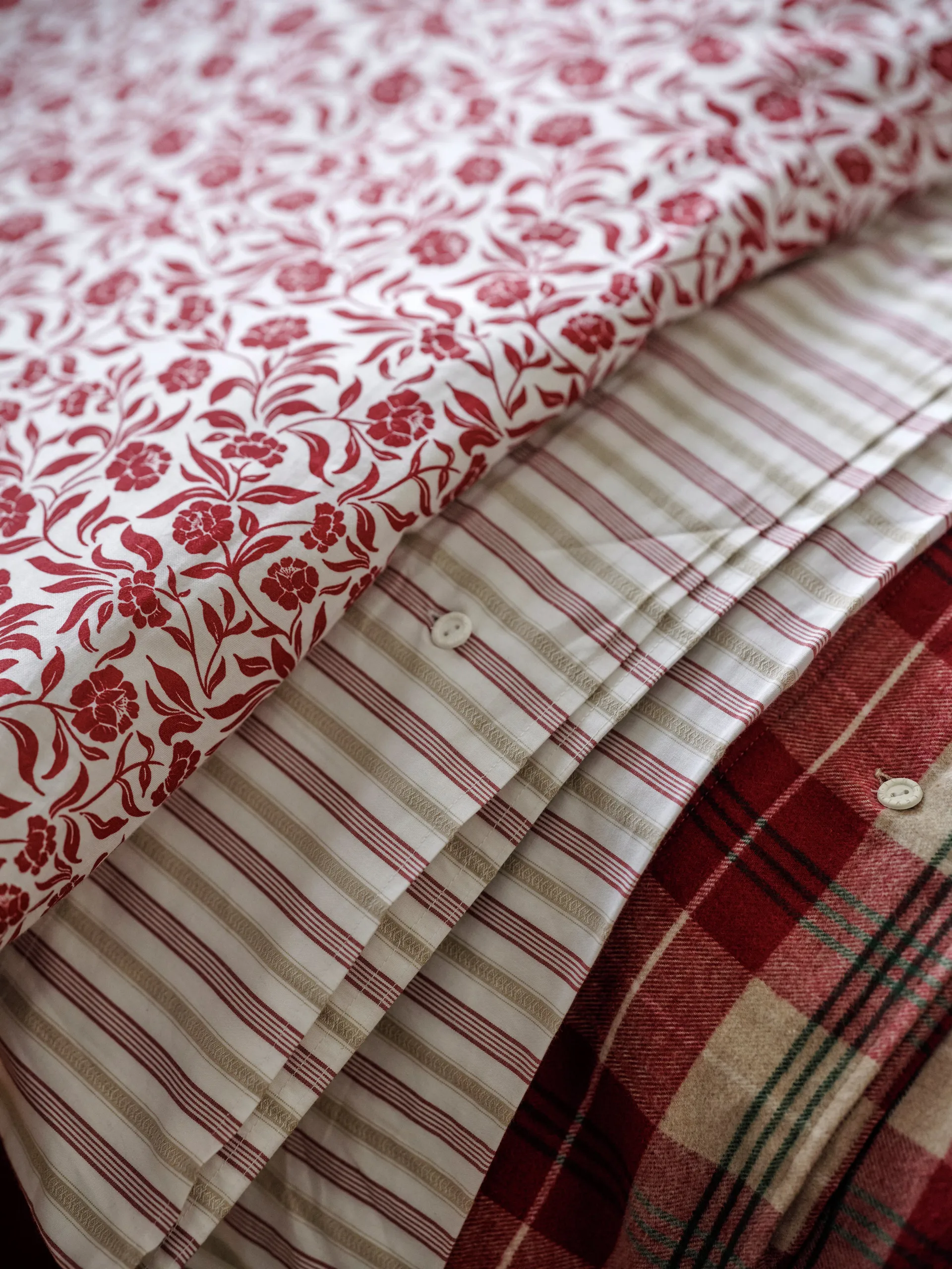 Conjunto de cama de flanela em algodão xadrez, Vermelho-bege-verde-branco Lexington