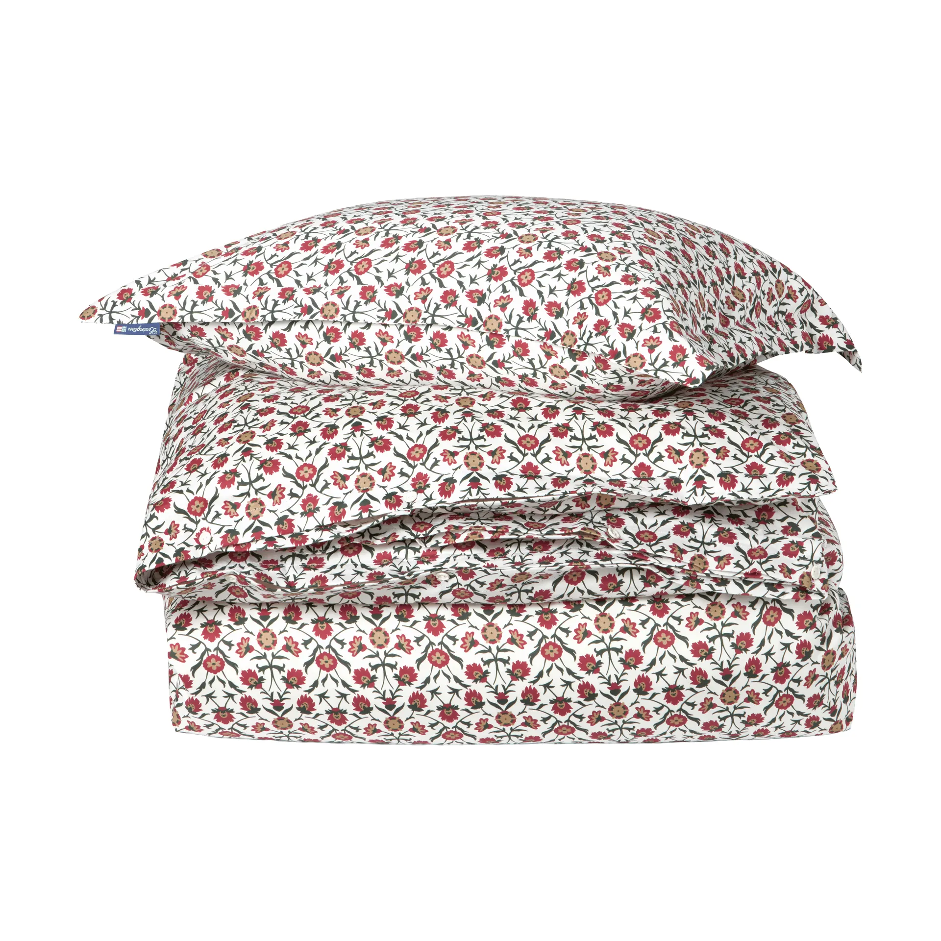 Conjunto de cama em cetim de algodão estampado flores, Branco-vermelho-verde-bege, 50x60 cm/150x210 cm Lexington