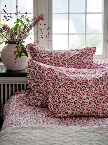 Conjunto de cama em cetim de algodão estampado flores - Branco-vermelho - Lexington