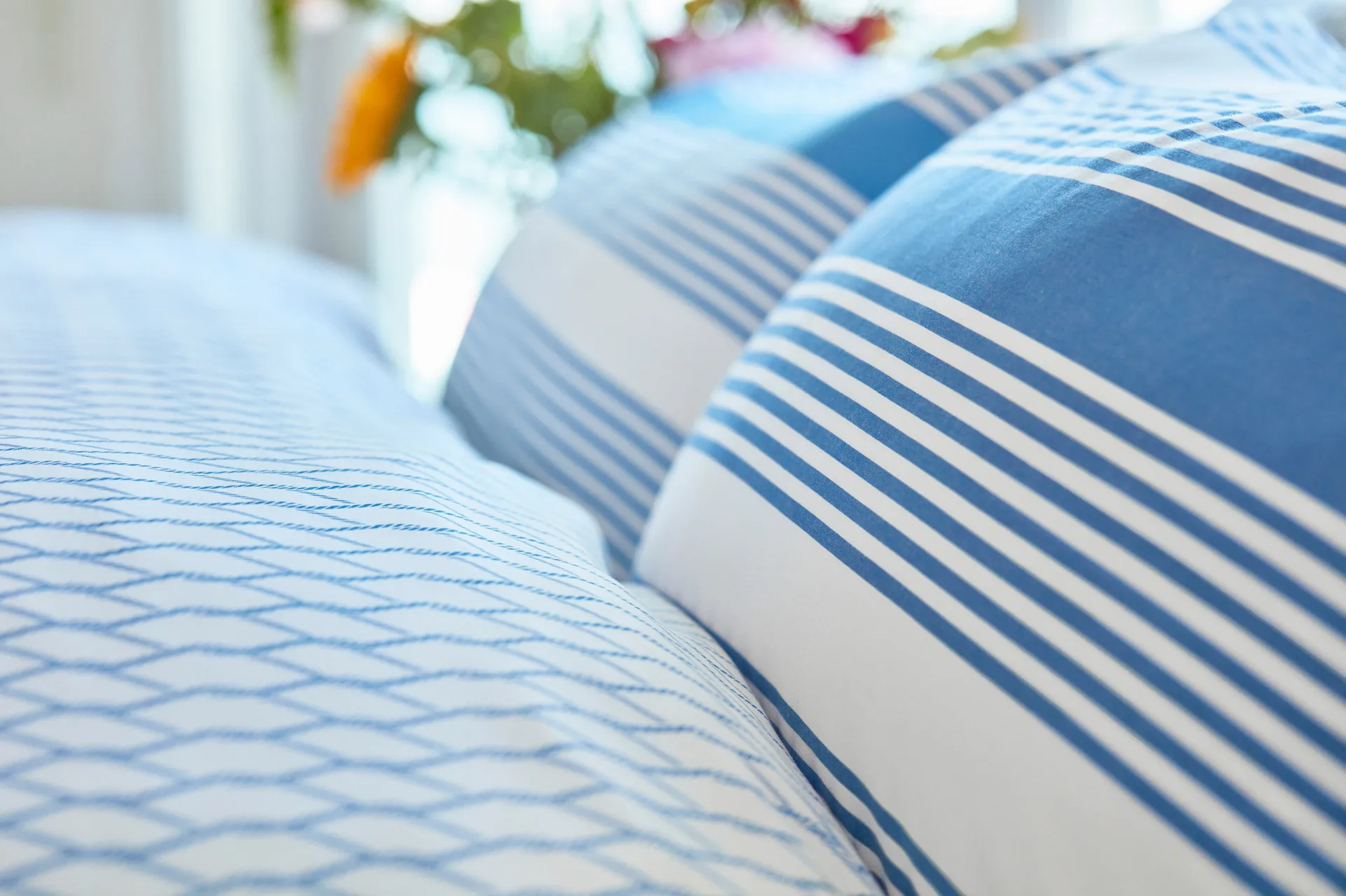 Jogo de cama Striped algodão e cetim 150x210 cm, Azul-branco Lexington