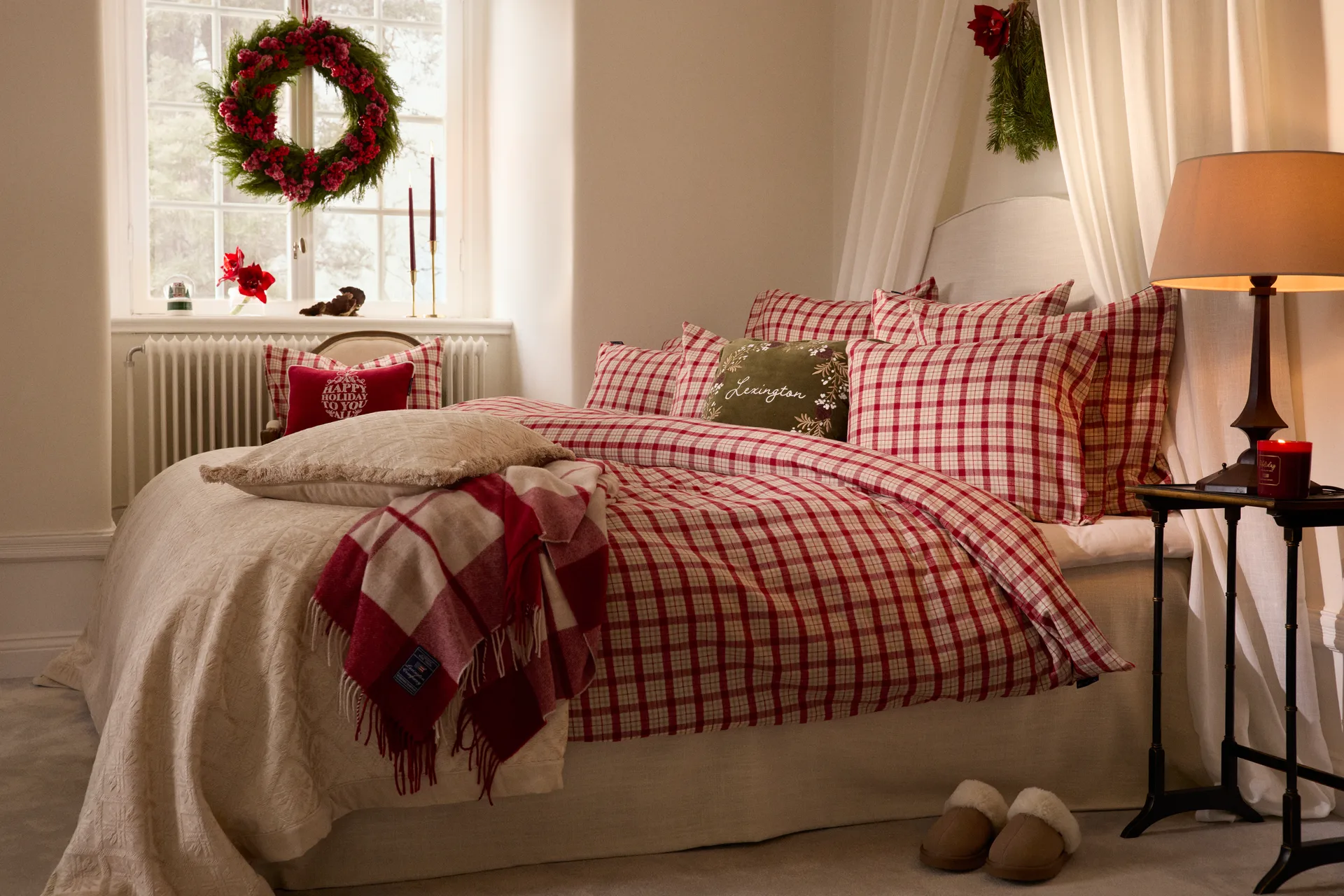 Red-beige Checked roupa de cama em flanela de algodão 2 peças, 50x60 cm, 150x210 cm Lexington