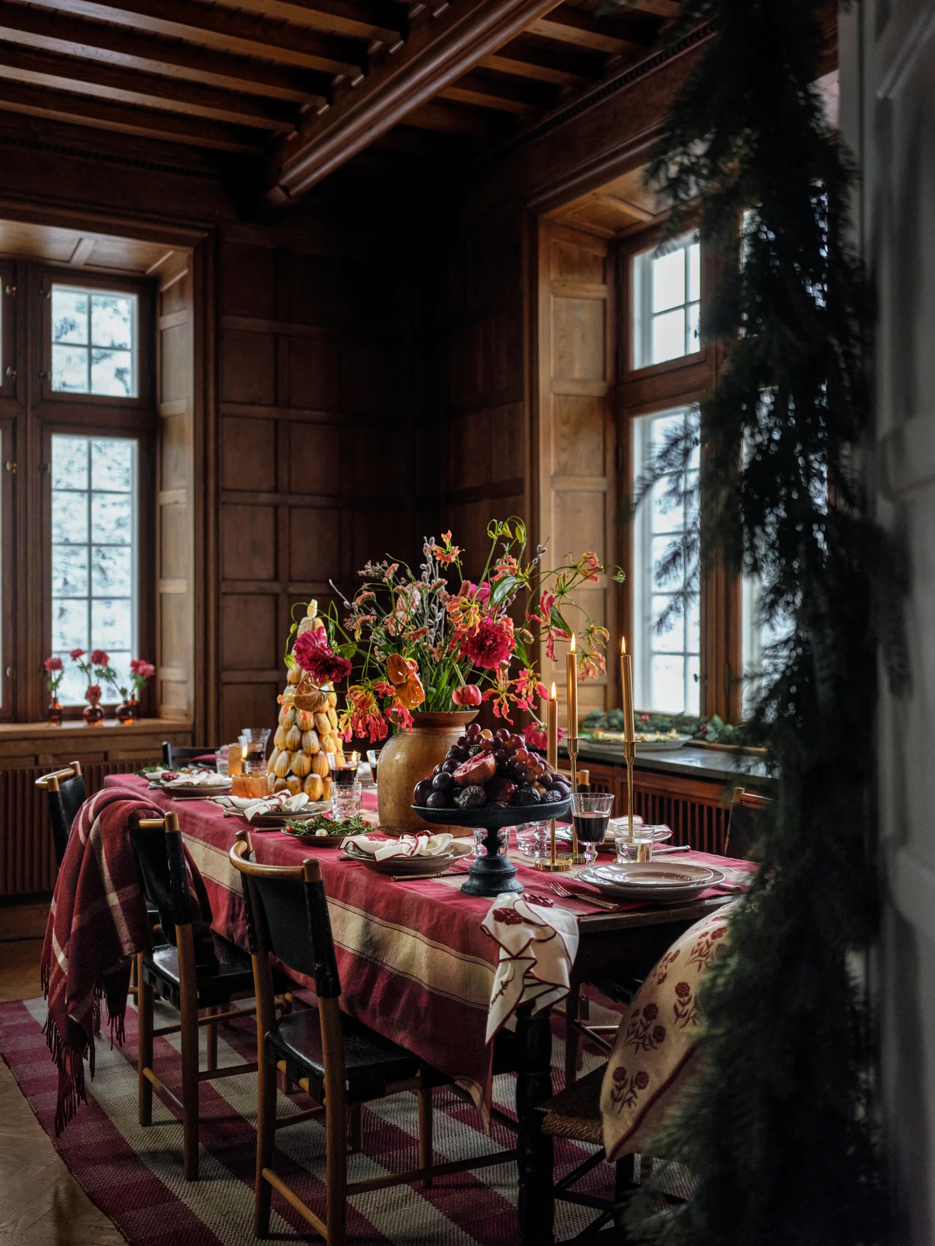 Toalha de mesa em linho-algodão xadrez 150x250 cm, Vermelho-bege Lexington