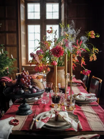 Toalha de mesa em linho-algodão xadrez 150x250 cm - Vermelho-bege - Lexington