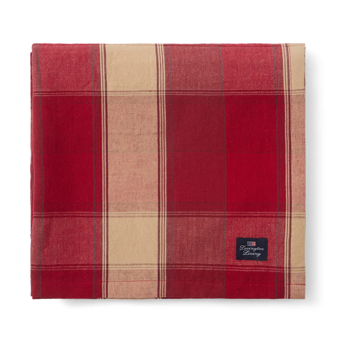 Toalha de mesa em linho-algodão xadrez 150x350 cm, Vermelho-bege Lexington
