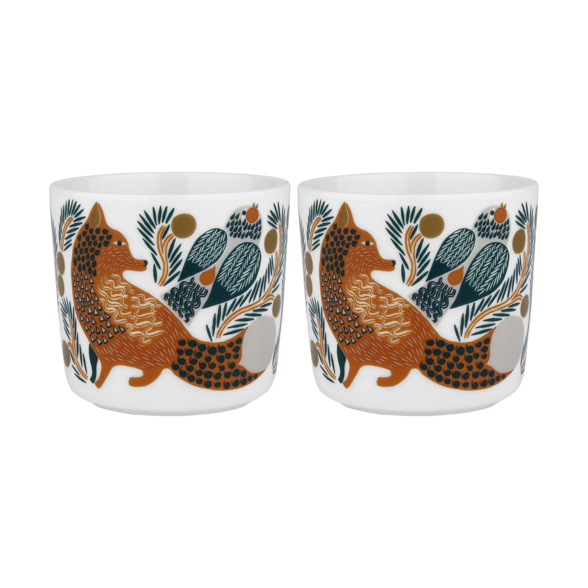 Chávena de café sem pega 20 cl 2-unidades Oiva Ketunmarja, branco-Castanho vermelho-Verde escuro Marimekko