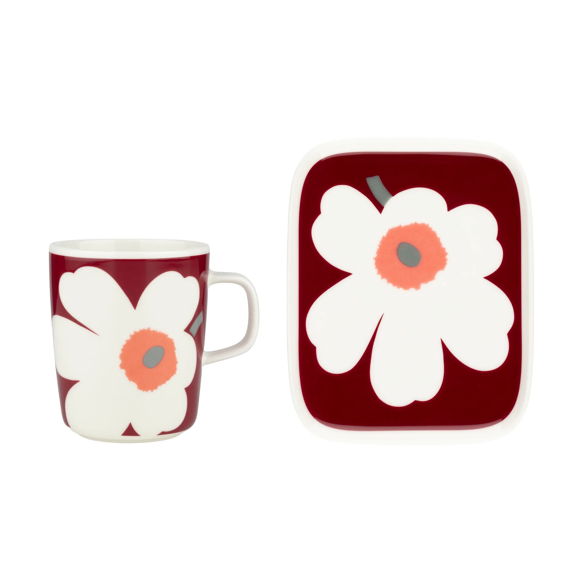 Chávena Unikko 60º aniversário 25 cl + prato 12x15 cm, White-dark cherry-ash grey Marimekko