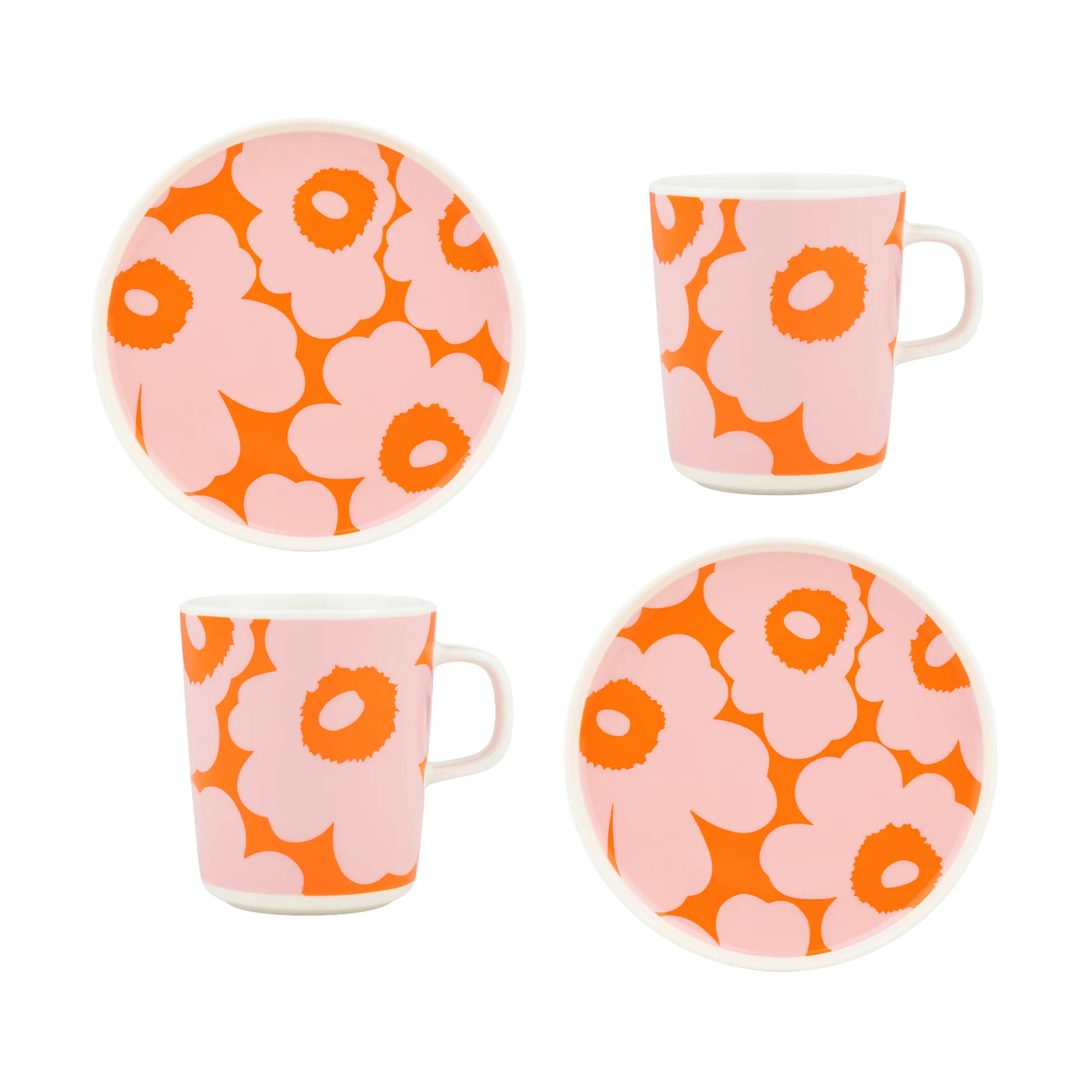 Conjunto de pequeno almoço Unikko, Branco-rosa-laranja, 4 peças Marimekko