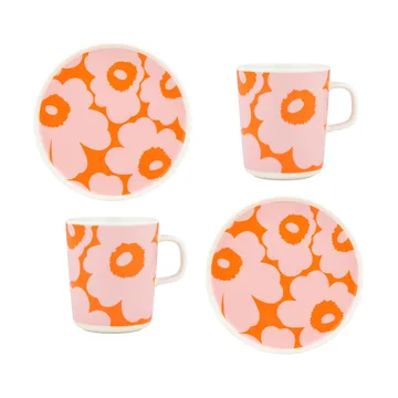 Conjunto de pequeno almoço Unikko - Branco-rosa-laranja, 4 peças - Marimekko
