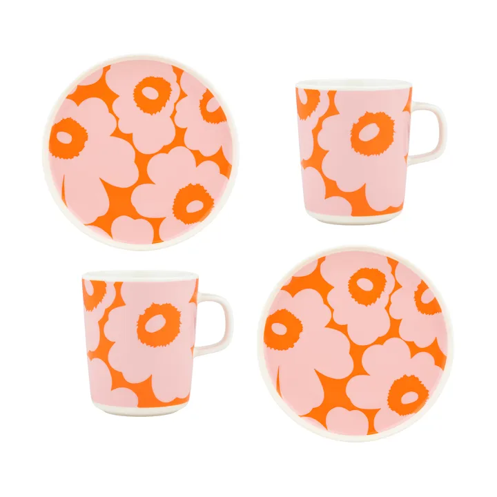 Conjunto de pequeno almoço Unikko - Branco-rosa-laranja, 4 peças - Marimekko