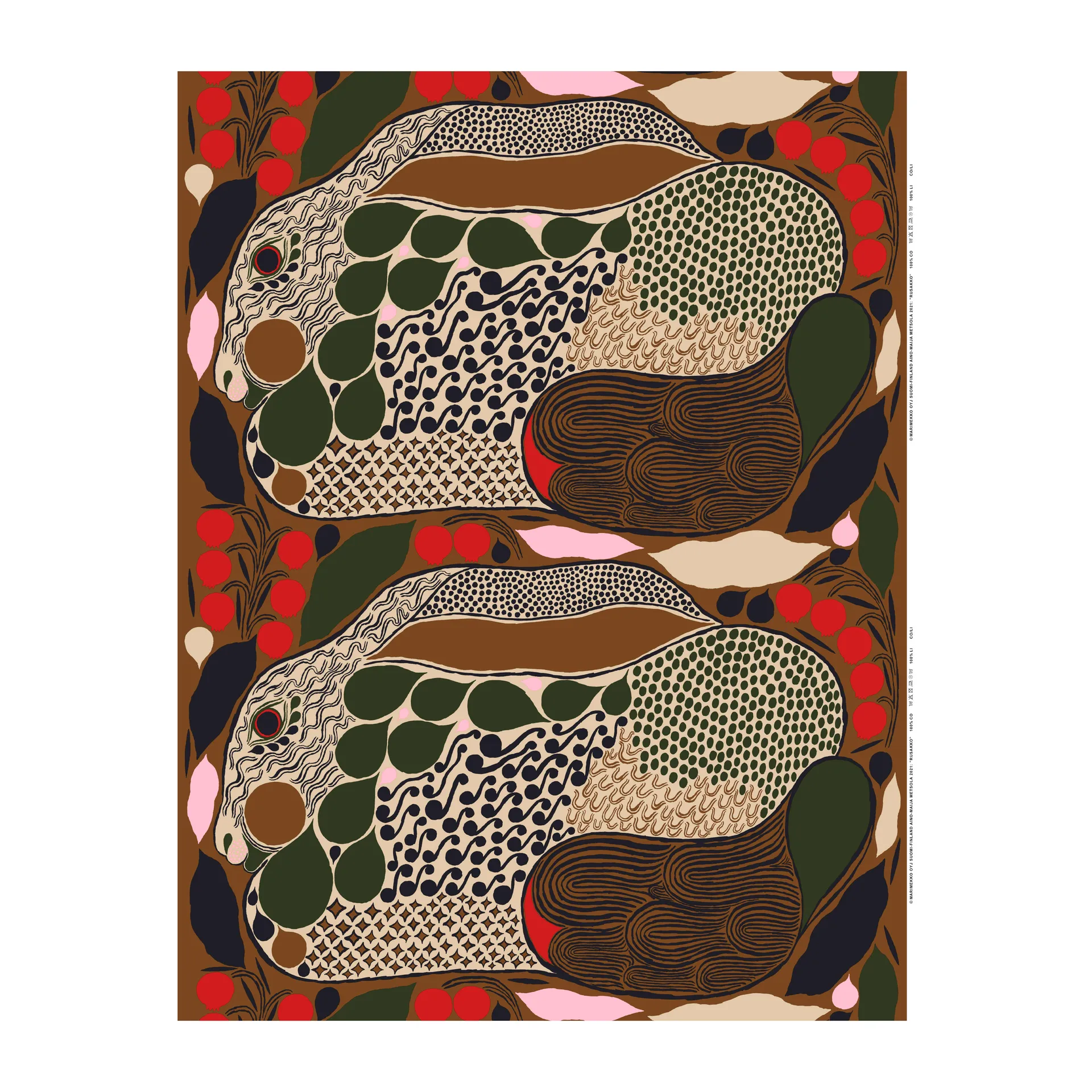 Tecido algodão Rusakko, castanho-azul escuro-vermelho Marimekko