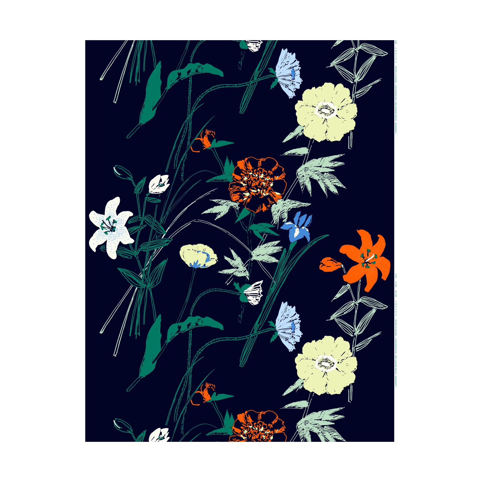 Tecido de algodão Puutarhakutsut, Navy-green-sitrone-orange Marimekko