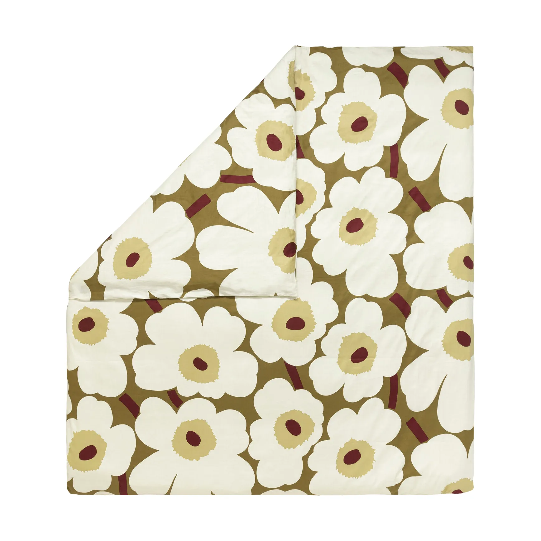Unikko capa de edredom em cetim 240x220 cm, Verde ocre-creme Marimekko