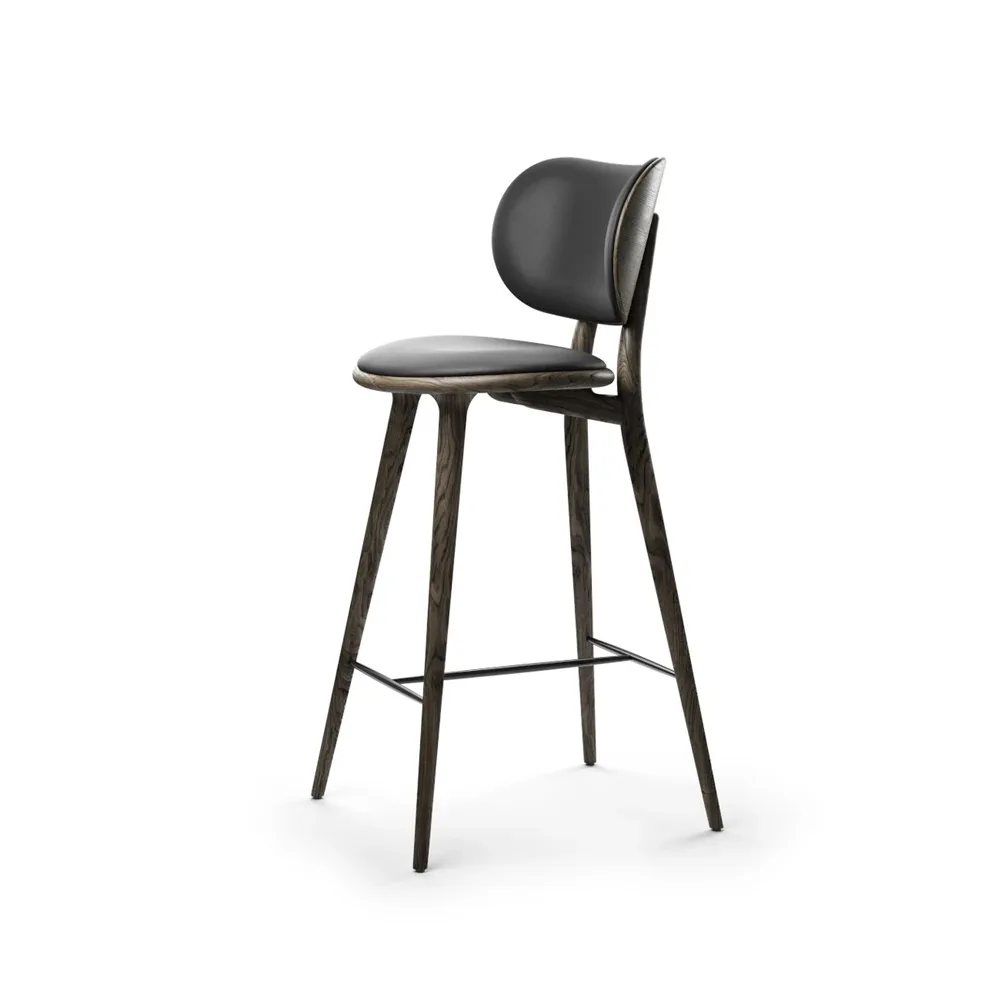 Cadeira bar baixa Mater High Stool Backrest, couro preto, estrutura carvalho cinzento  Mater