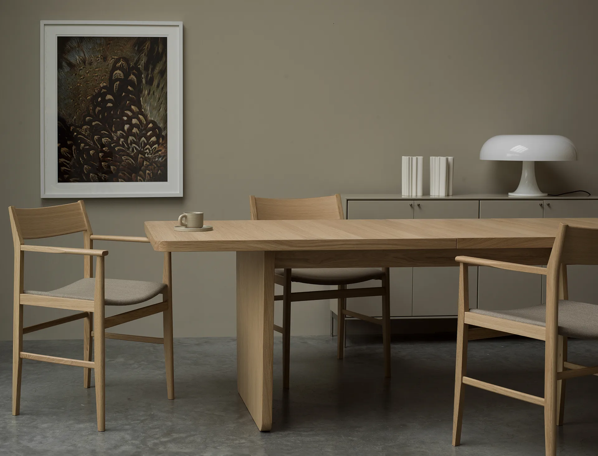 Vaud mesa de jantar, Carvalho com pigmento branco, 2 tampas de extensão Mavis