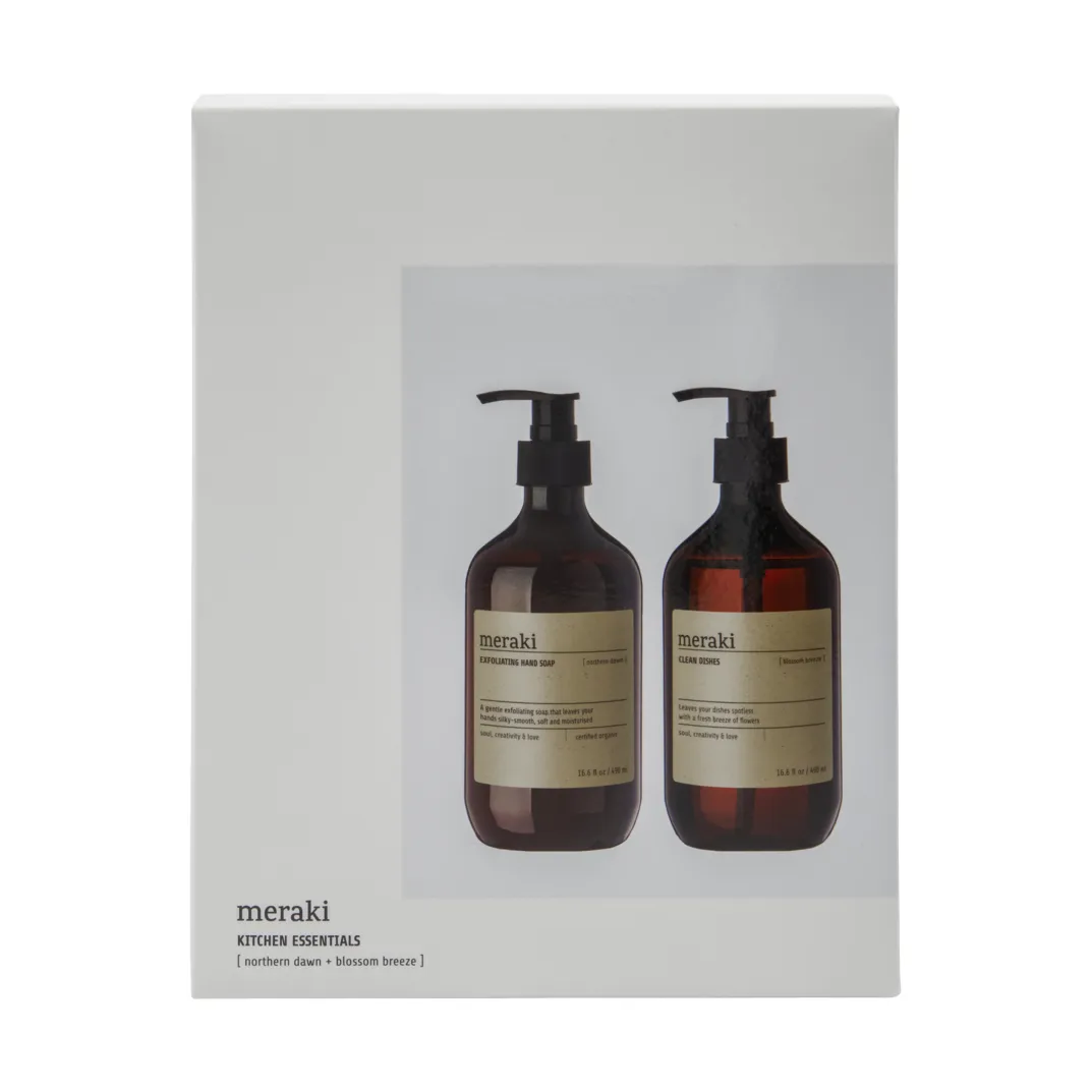 Meraki conjunto de presente, sabonete líquido para mãos e detergente para loiça, Exfoliante Estrela do Norte, Brisa da Florada Meraki