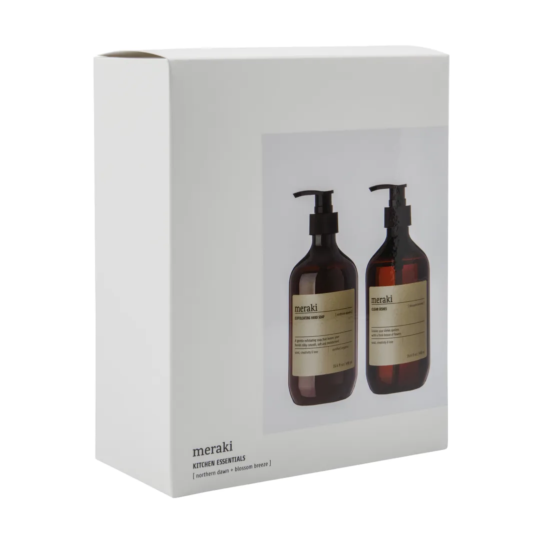 Meraki conjunto de presente, sabonete líquido para mãos e detergente para loiça, Exfoliante Estrela do Norte, Brisa da Florada Meraki