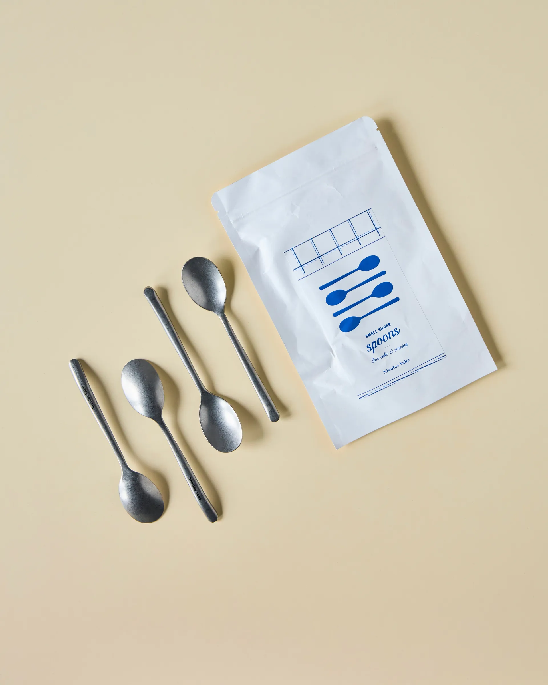 Nicolas Vahé colher de chá 4 unidades, Acabamento prateado antigo Nicolas Vahé