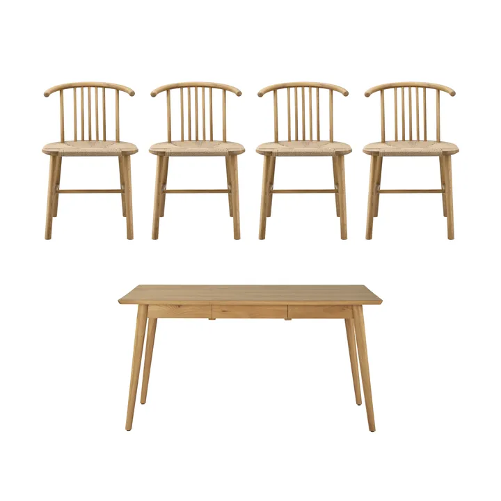 Mesa de jantar VIOR 120 cm + cadeira pack de 4 – Carvalho lacado‑natural - NJRD