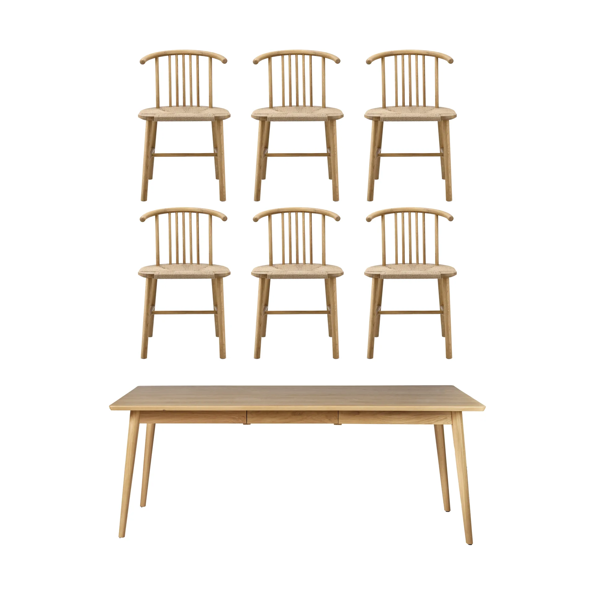 Mesa de jantar VIOR 200 cm + cadeira pack de 6 – Carvalho lacado‑natural NJRD