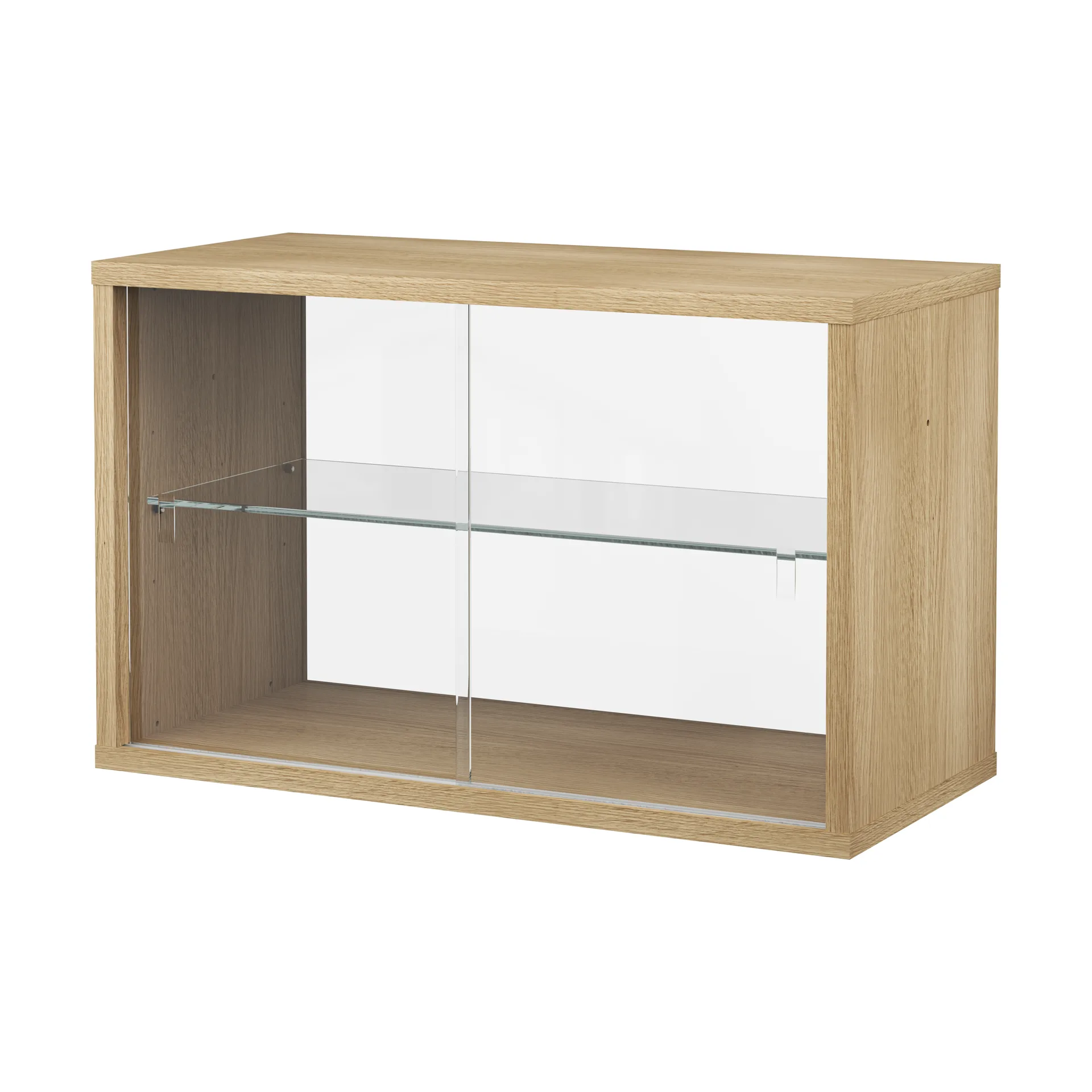 Vitrine Pira, Carvalho branqueado‑vidro transparente, 70x31 cm, costas em vidro Pira