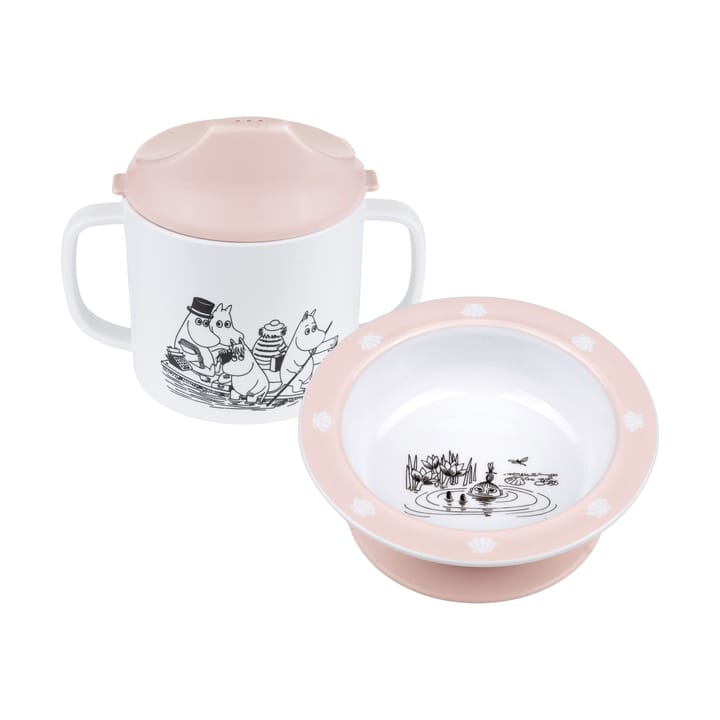 Mumin Vatten & Bad copo com palhinha e prato com ventosa - Rosa - Rätt Start