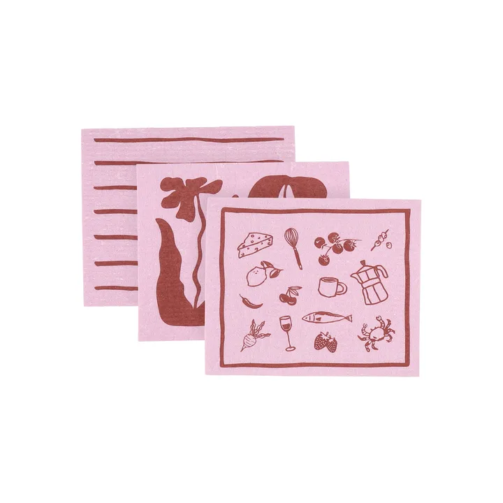Daily pano de cozinha com padrão - Rosa, conjunto de 3 - Scandi Essentials