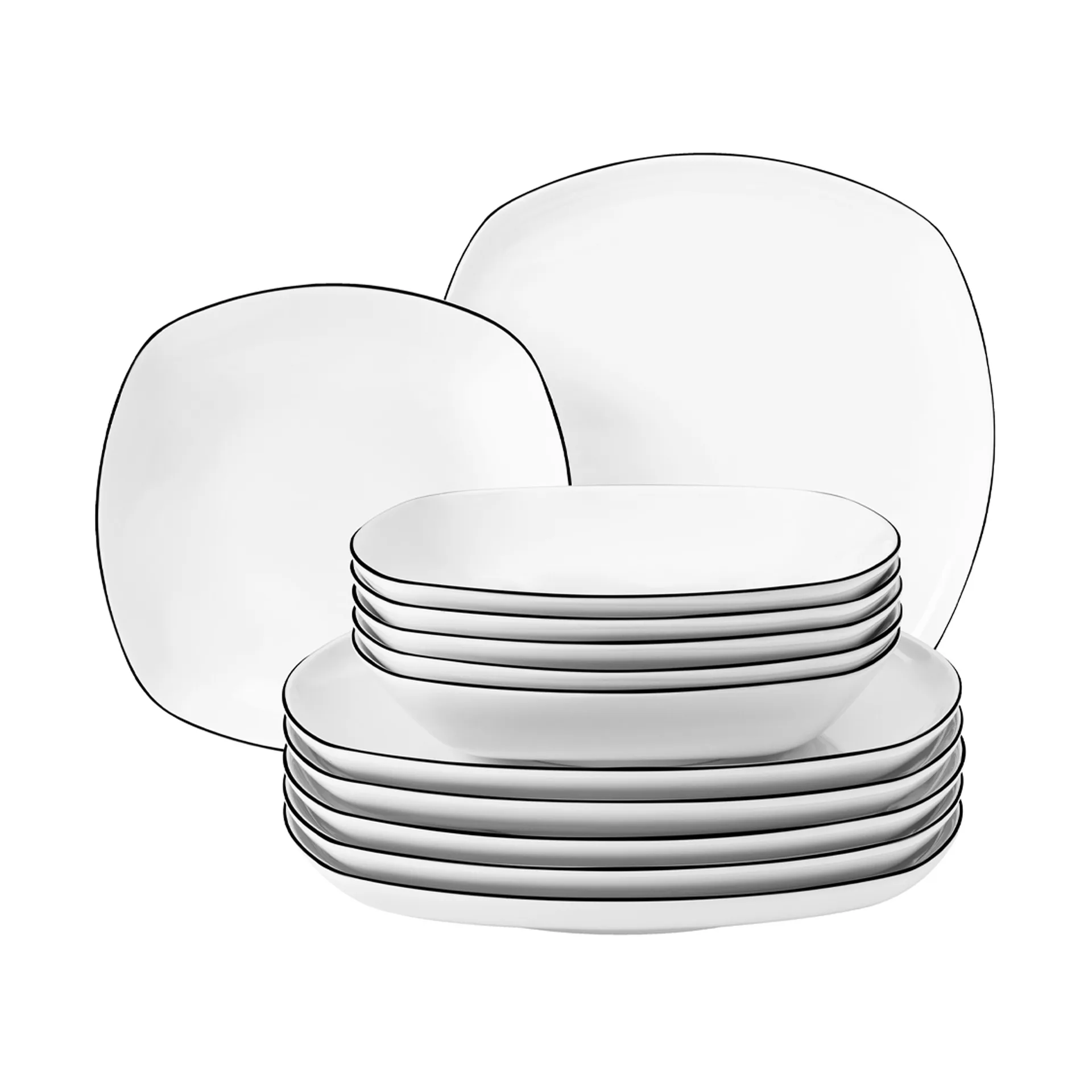 Conjunto de louça quadrado Lido black line 12 peças, Branco com borda preta Seltmann Weiden