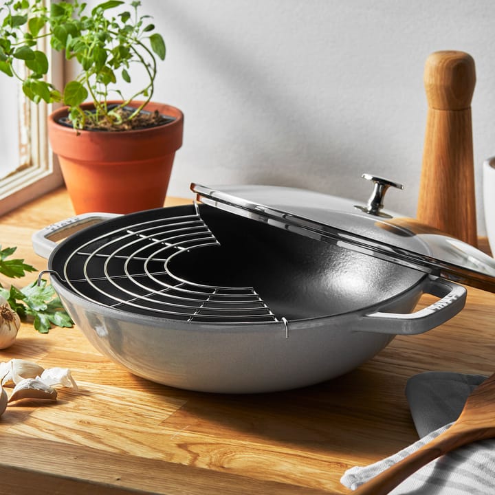 Staub wok de ferro fundido com tampa de vidro Ø30 cm, Trufa branca STAUB