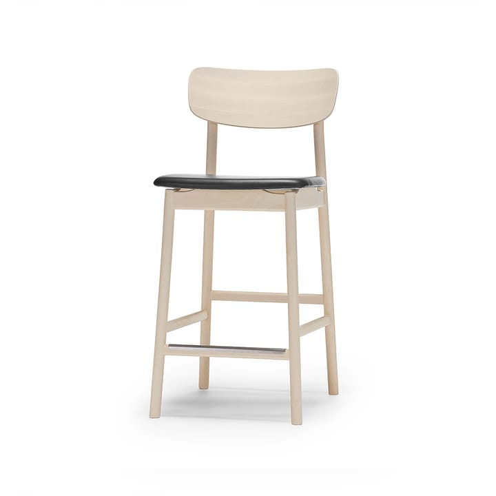 Cadeira bar Prima Vista - Couro preto Elmo, estrutura madeira branca verniz - Stolab