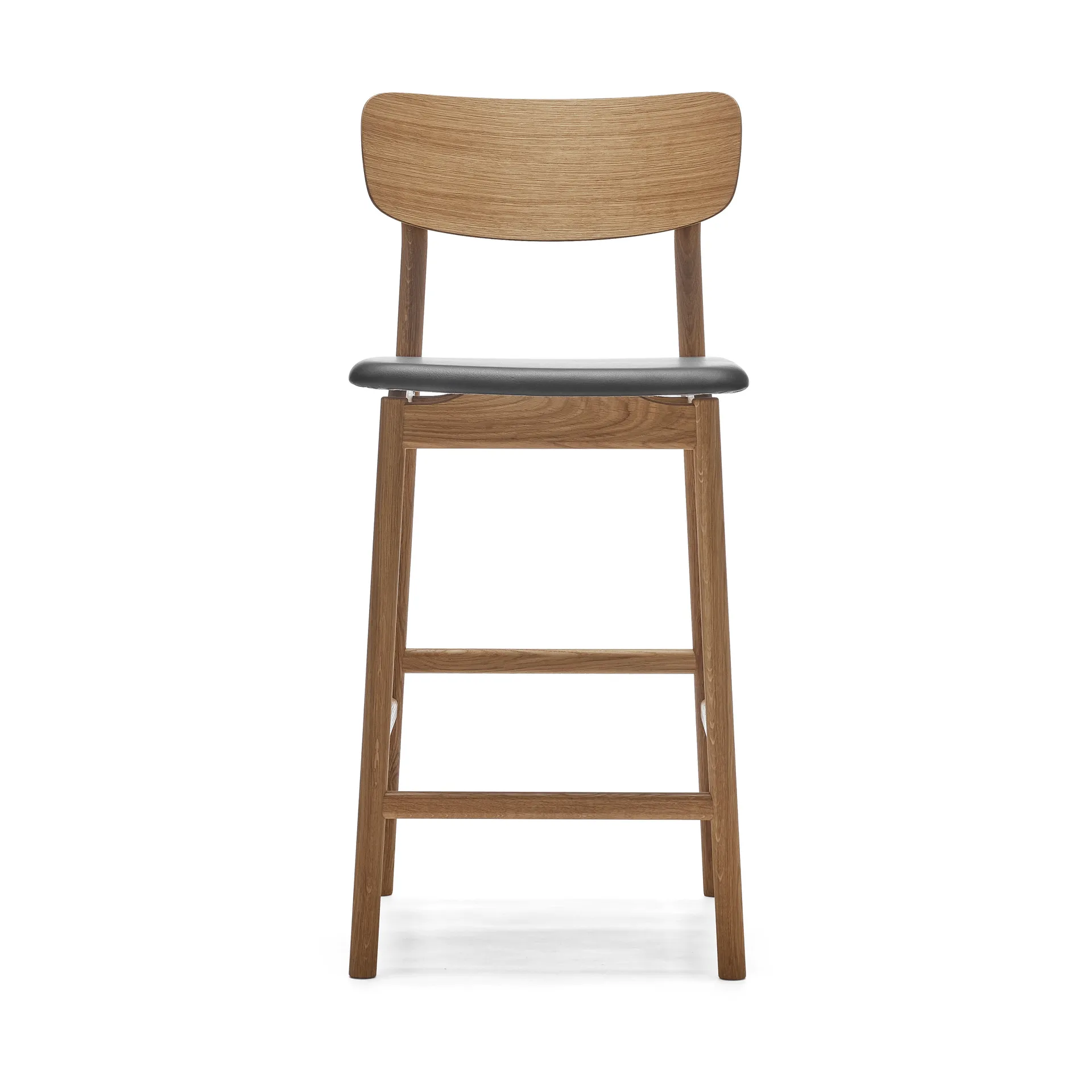 Cadeira bar Prima Vista, Couro preto Elmosoft, estrutura carvalho verniz natural, 65 cm Stolab